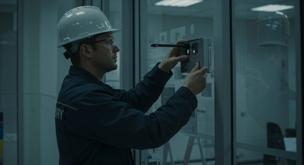 A construction worker is examining a door